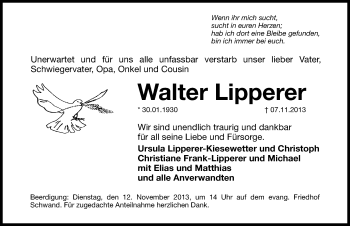 Traueranzeige von Walter Lipperer von Hersbrucker Zeitung